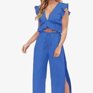 Fancyinn 2 Piece Set Womens M Blue Ruffle Crop Top Wide Leg Side Slit Pants